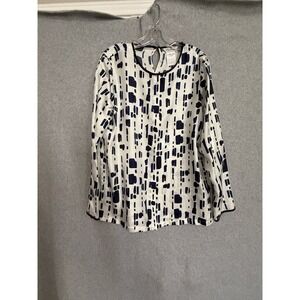 Max Mara Blouse Womens 12 White Silk Geometric Print Long Sleeve Italy Top